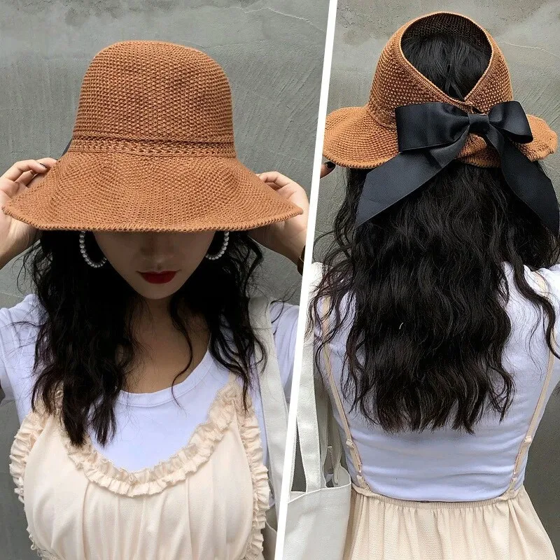 

Woman Sun Hats Female Bowknot Visor Caps Hand Made Straw Summer Cap Casual Shade Hat Empty Top Hat girls Beach hat