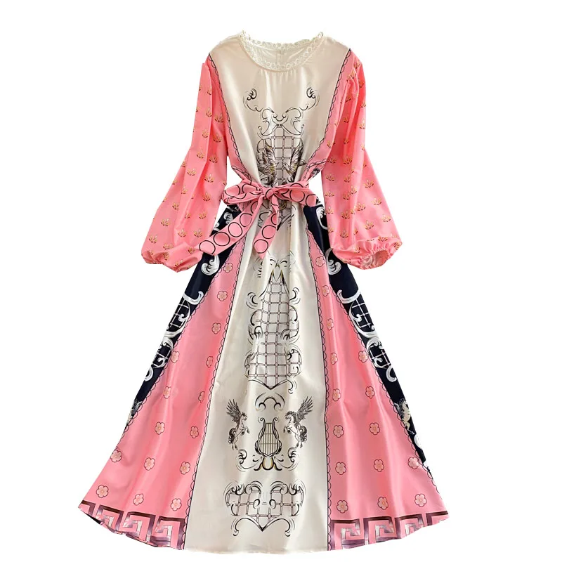 

Retro ethnic totem print waist closed bubble sleeve loose round neck dress elegant temperament swing long