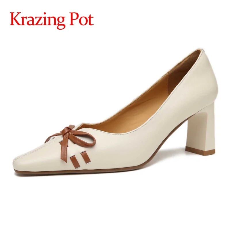 

Krazing Pot full grain leather square toe high heels butterfly-knot Korean style beauty lady streetwear slip on women pumps L28