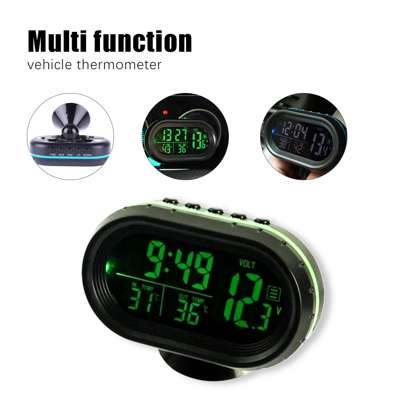 

Car Thermometer Digital Clock Automobile Clock LED Lighted Auto Dual Temperature Gauge Voltmeter Voltage Tester 12V 24V input