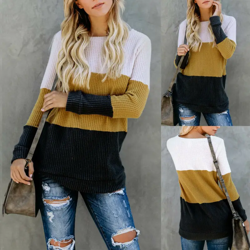 

Women Colorblock Long Sleeve Kintted Sweater Patchwork Jumper Tops Knitwear