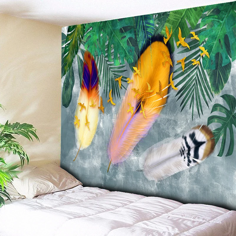 Boho Feather Tapestry Tropical Plant Wall Hanging Large Psychedelic Living Room Cloth Multi-function Tapestries | Дом и сад