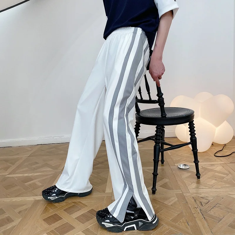 

Men Women Unisex Vintage Casual Straight Pants Male Side Stripe Zipper Slit Loose Long Trousers Joggers Sweatpants Pant