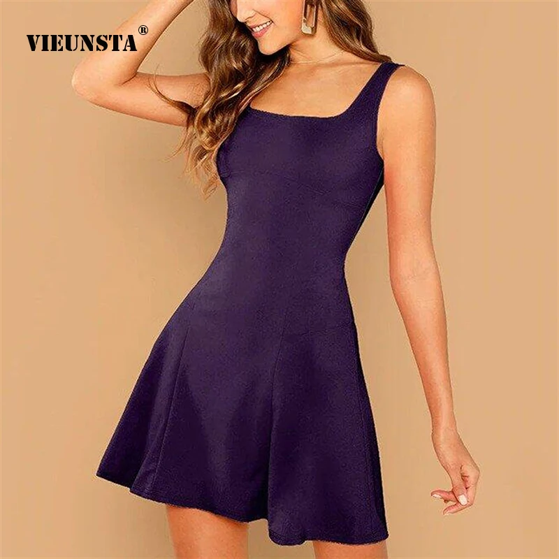 

Women's Summer Dress Sexy Square Collar Solid Color Sleeveless Suspender Skirt Elegant Slim Wedding Cocktail Party Evening Dress