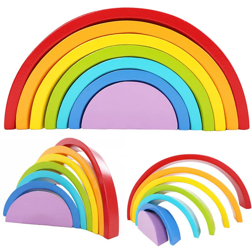 Rainbow Colorful Wooden Building Blocks Montessori Toys Arch Bridge Large Wood Assemble Block Baby Educational Toy For Children