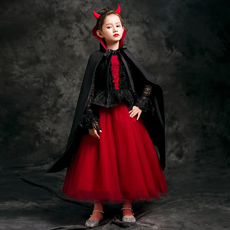 

2Pcs Halloween Children Witch Vampire Cosplay Costume Teenage Girl Medieval Vintage Dresses Kids Carnival Party Dress with Cloak