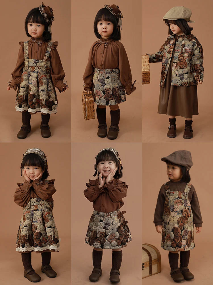 Children's Cartoon Bear Jacquard Girl Dress Retro Shirt Baby Parent-child Outfit Jacket Casual Vest | Мать и ребенок
