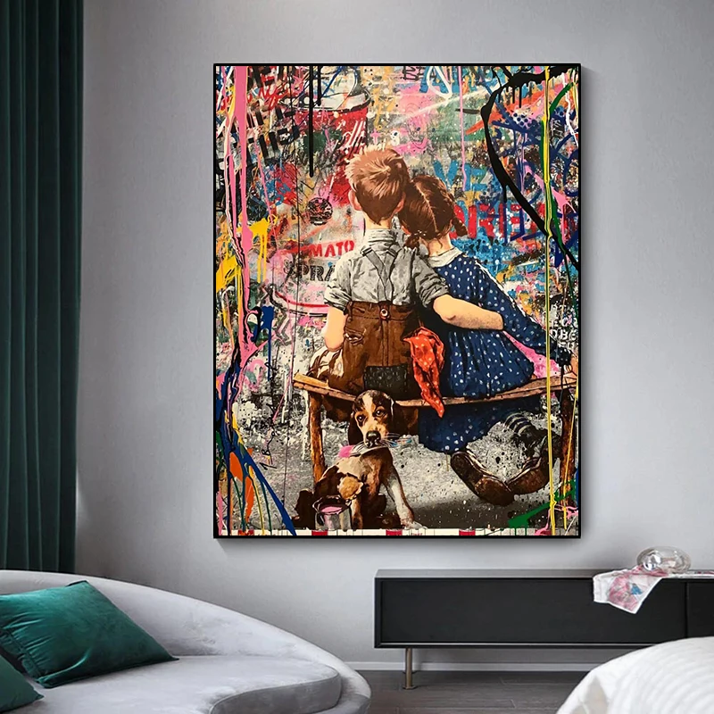 

Two Kids and A Dog Warm Canvas Painting Graffiti Wall Art Creative Posters and Prints Modern Children's Room Home Decoration