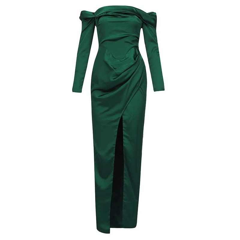 

VC Women's Dress Summer Celebrity Party Dress Off Shoulder Fold Design High Slit Green Satin Long Dress