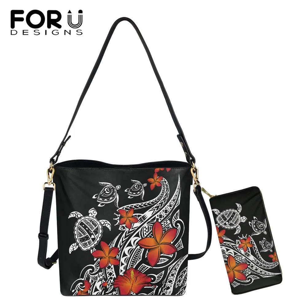 

FORUDESIGNS Luxury Design Women Bucket Bag And Purse Set Hawaiian Turtle And Plumeria Print Messenger Bag Polynesian Bolsa Mujer