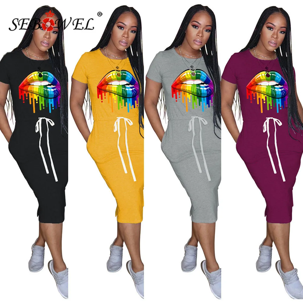 

Повседневное простое платье с принтом губ SEBOWEL, женское летнее платье-футболка с коротким рукавом и карманами