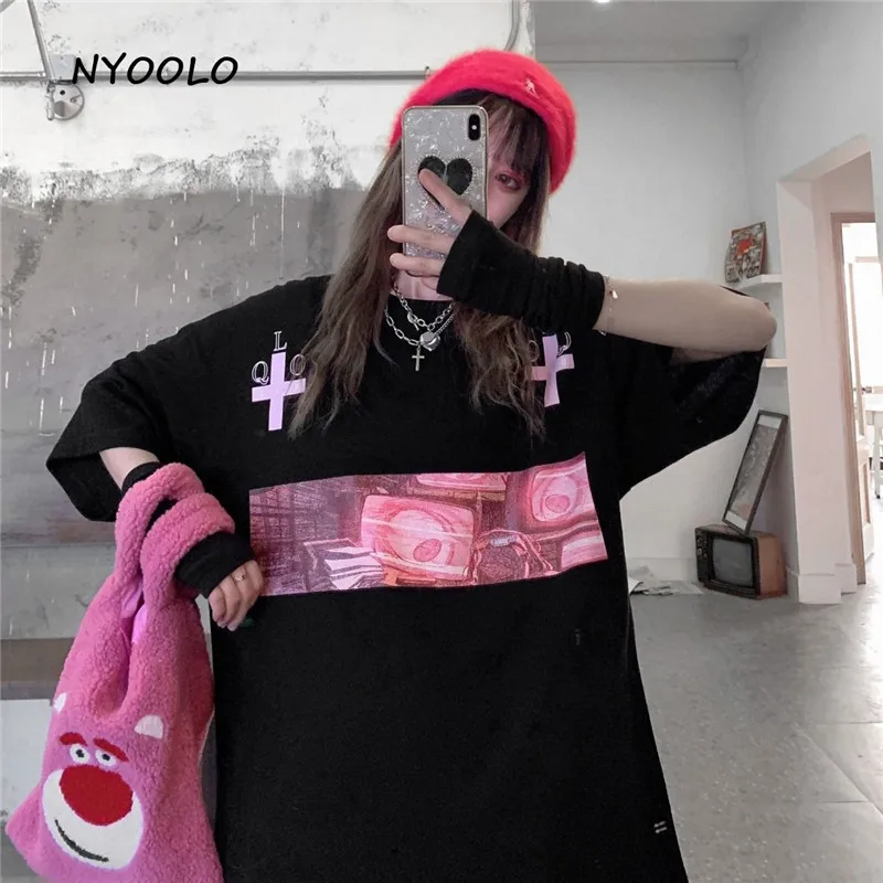 

NYOOLO Harajuku style cross print short sleeve hip hop T-shirt women men clothes Summer streetwear loose O--neck tee shirt tops