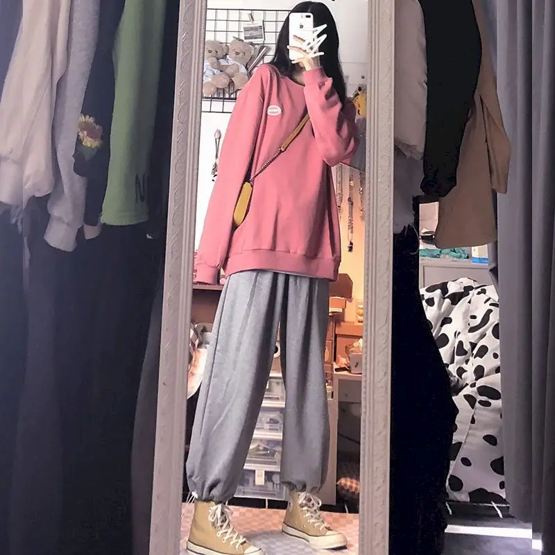

Spring Autumn New College Style Suit Women's Long-sleeved Sweatshirt+casual Straight Drawstring Drawstring Pants Sweatpants Full