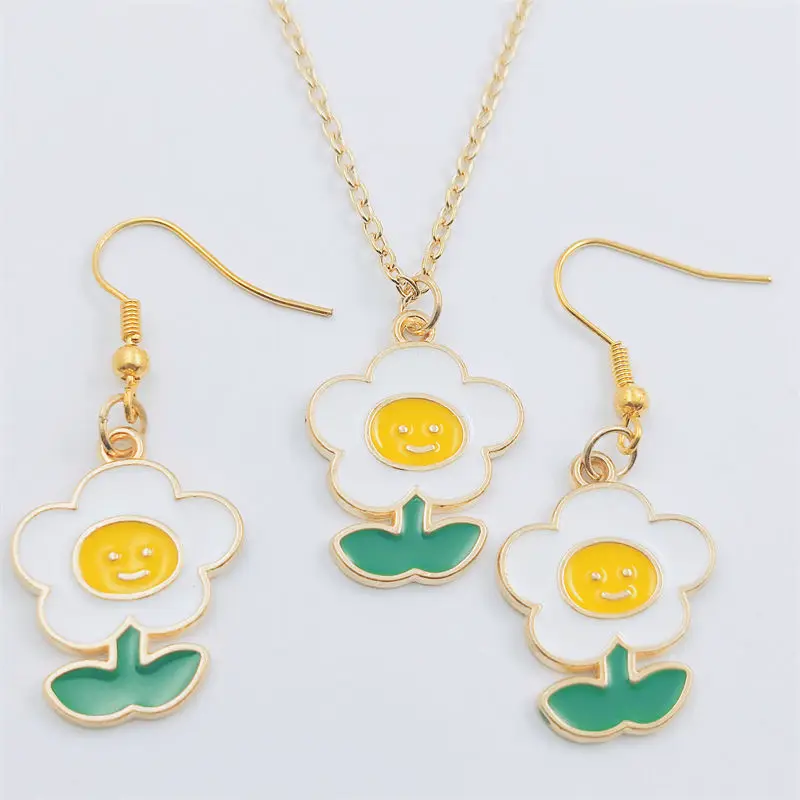 

White Sunflower Gold Earring Necklace Sets Jewelry Set Retro Vintage Antique,Fashion Women Christmas Birthday Girl Gifts