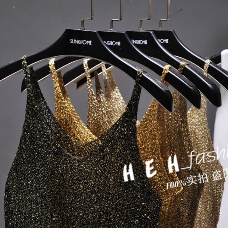 

Sexy Glittering V-Neck Knitted Beading Vest Sleeveless Sequins Sweater Camis Hollow Crocheted High Waist Club Tank Crop Tops