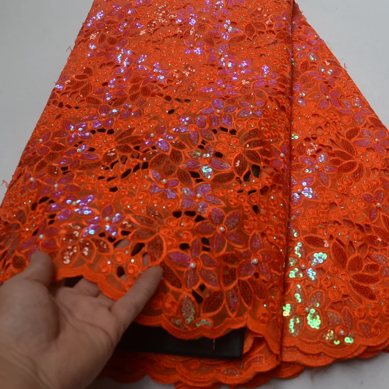 

11 colors High grade orange African handcut organza lace fabric with detailed sequins embroidery and beads for party dress OP20