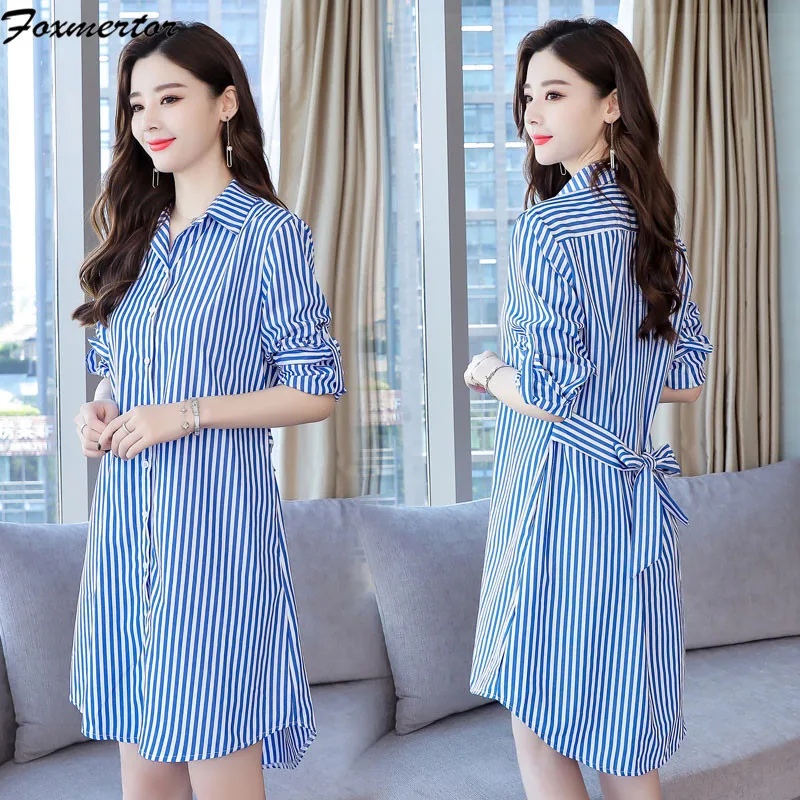 2021 женское синее платье в полоску офисное модное Повседневное с длинным рукавом