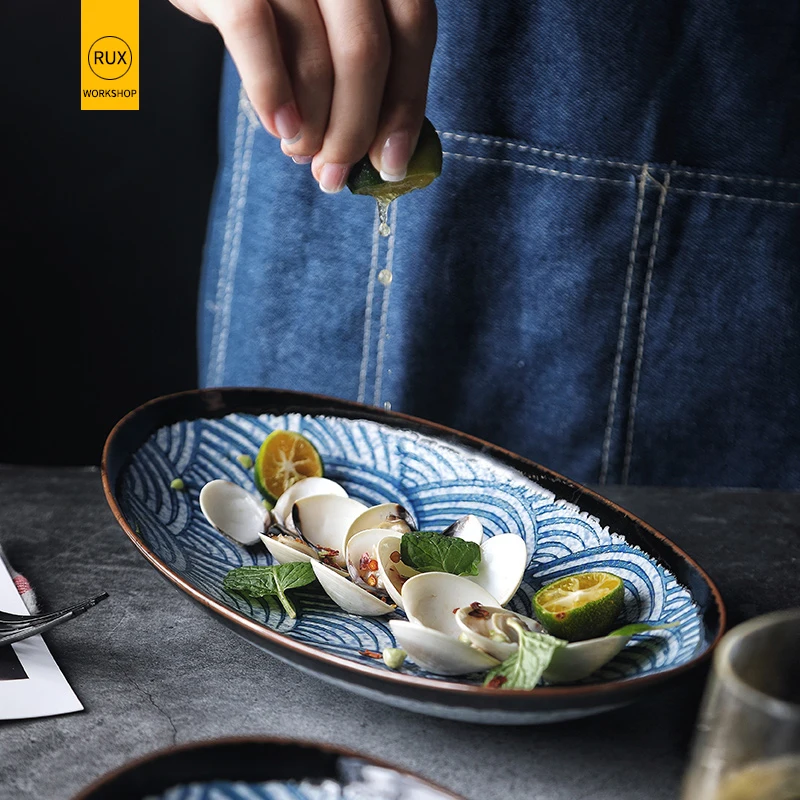 RHE Japanese oval ceramic plate Blue wave pattern Western steak bread cake tray Restaurant kitchen Snack Dried Fruit Tray | Дом и сад