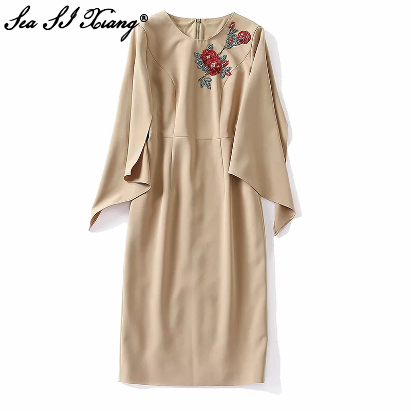 

Seasixiang Fashion Designer Autumn Pencil Dress Women O-Neck Split Flare Sleeve 3D Beading Floral Elegant party Dresses