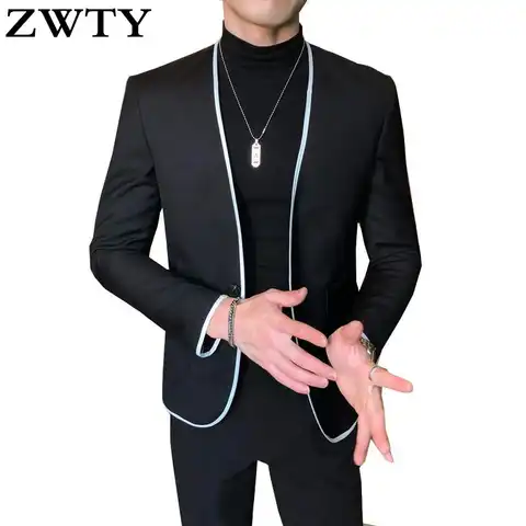 Новый мужской костюм ZWTY, черный блейзер с разрезом, соединение, подходит, Повседневный, Chaquetas Hombre De Vestir, сценические костюмы для певцов
