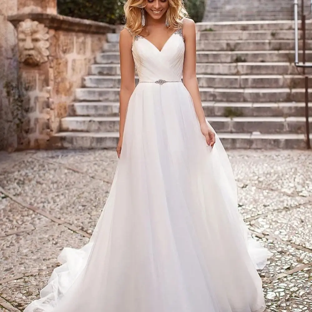 

Charming Spaghetti Straps A-line Wedding Dresses with Rhinestones Robe de Mariee Custom Made Backless Organza Bridal Gown