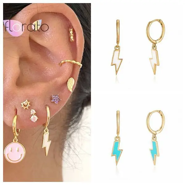 

Enamel Epoxy 925 Sterling Silver Lightning Drop Hoop Earrings For Women Minimalist Two-Color Earrings Fashion Female Jewelry