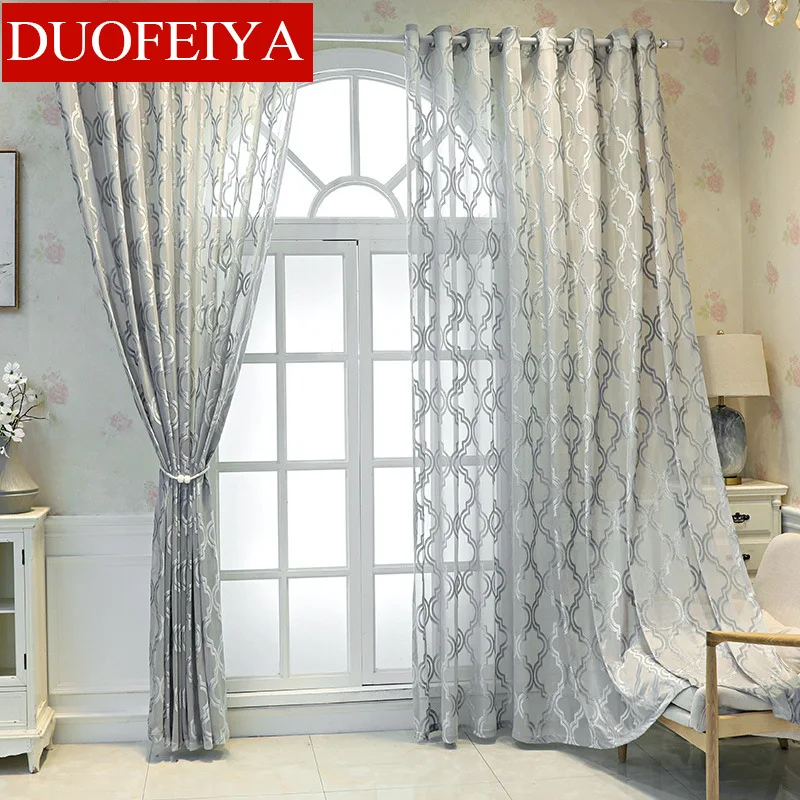 

Modern Minimalist Curtain Geometric Jacquard White Gray Curtain for Living Room Bedroom Balcony Left and Right Biparting Open