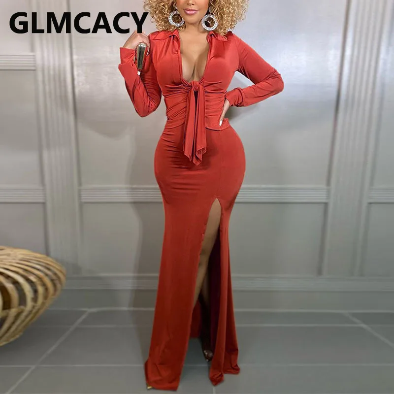 

2 Pieces Skirts Sets Women Plunge V-neck Bowknot Design Top & Slit Maxi Skirts