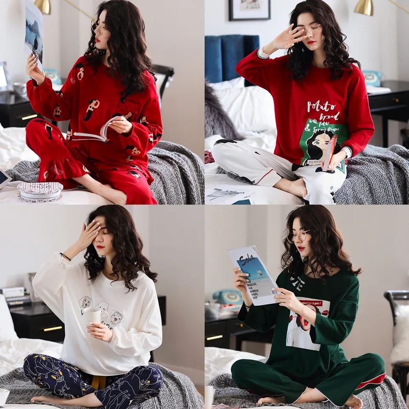 Весенне осенний женский пижамный комплект с милым мультяшным принтом