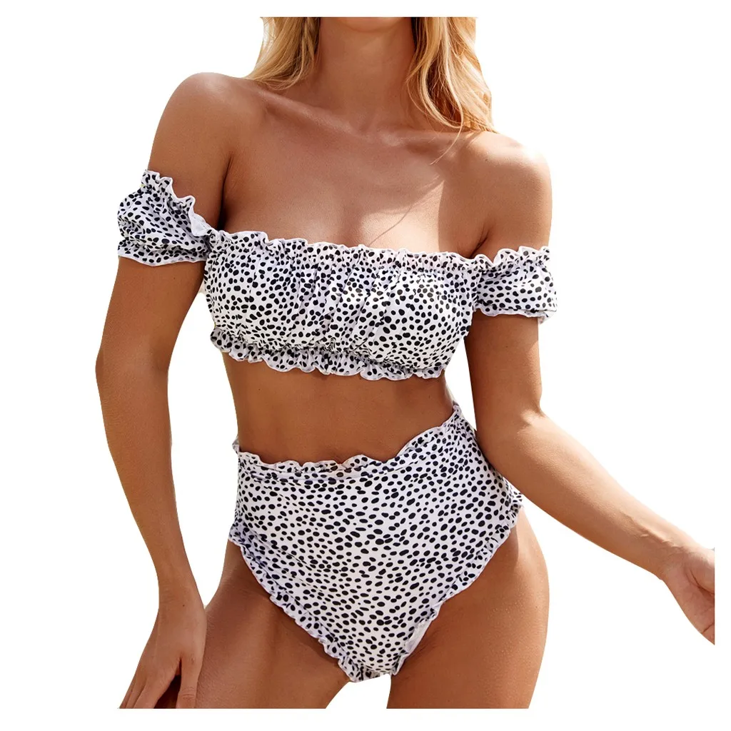 

Sexy Off Shoulder Ruffles Bikini Swimwear Women Dot Mesh High Waist Bikini Set Solid Color Swimsuit Push Up Biquini Bathing Suit