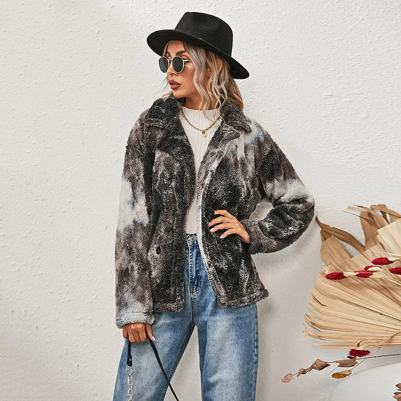 

Осенне-зимнее двубортное утепленное пальто с принтом тай-дай и длинным рукавом, Женская куртка