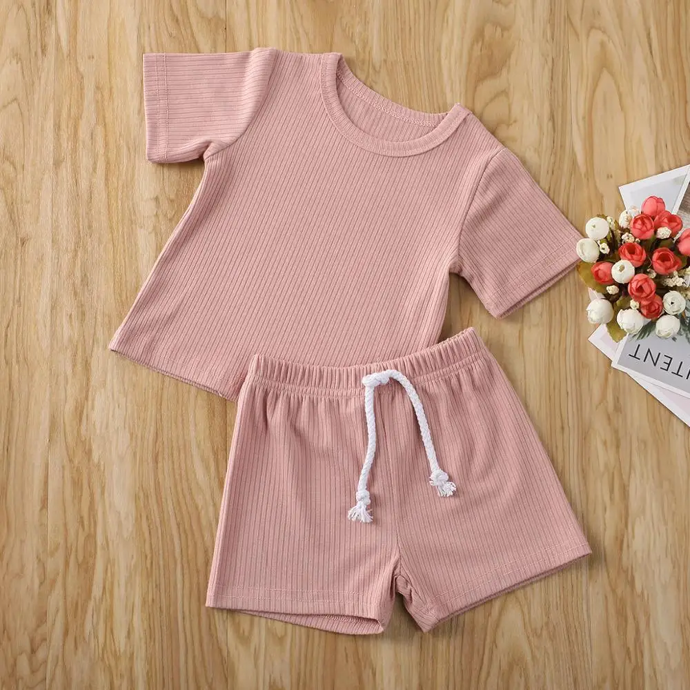 

2020 Casual Newborn Boys Boys Clothes Knit Ribbed Two Piece Set Shirt Crop Top + Pants Baby Clothes Summer Baby Clothes