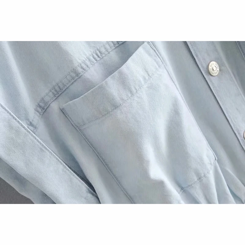 

Women Chic Fashion Pockets Denim Playsuits Turn-Up Sleeves Elastic Waist Light Color Female Short Jumpsuits Comfortable