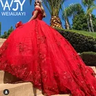 Симпатичные туфли для девочек 15 лет кружевное платье с открытыми плечами ярко-красные Пышное Платье с аппликацией в виде сердца выпускные Длинные вечерние платья размера плюс