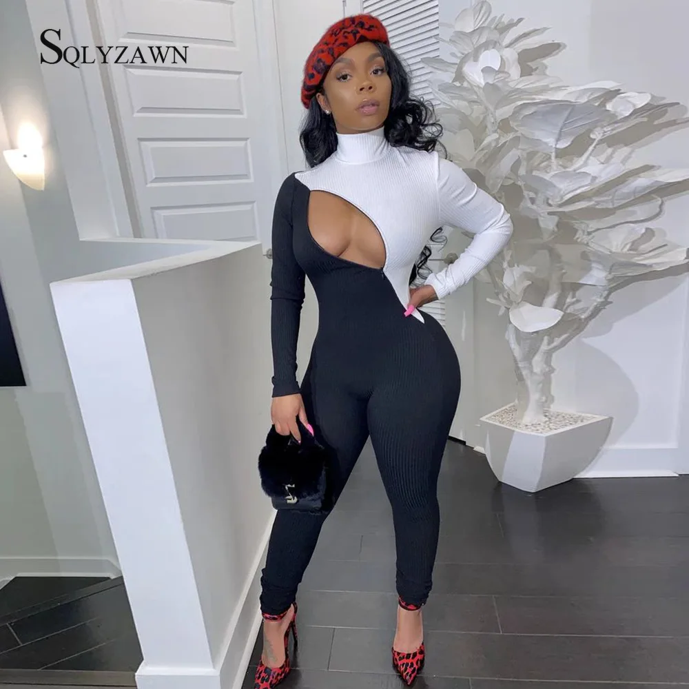 Вязаный Облегающий комбинезон для женщин Осенний хит цвет грудь молния длинный