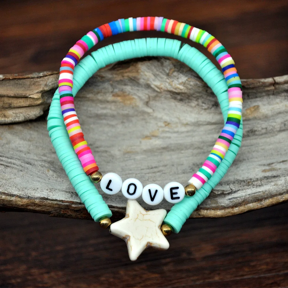 

Combination Set of Letters Love Bohemian Beach Style Colored Clay Women's Bracelet Handmade String Female Bangle Couple Jewelry