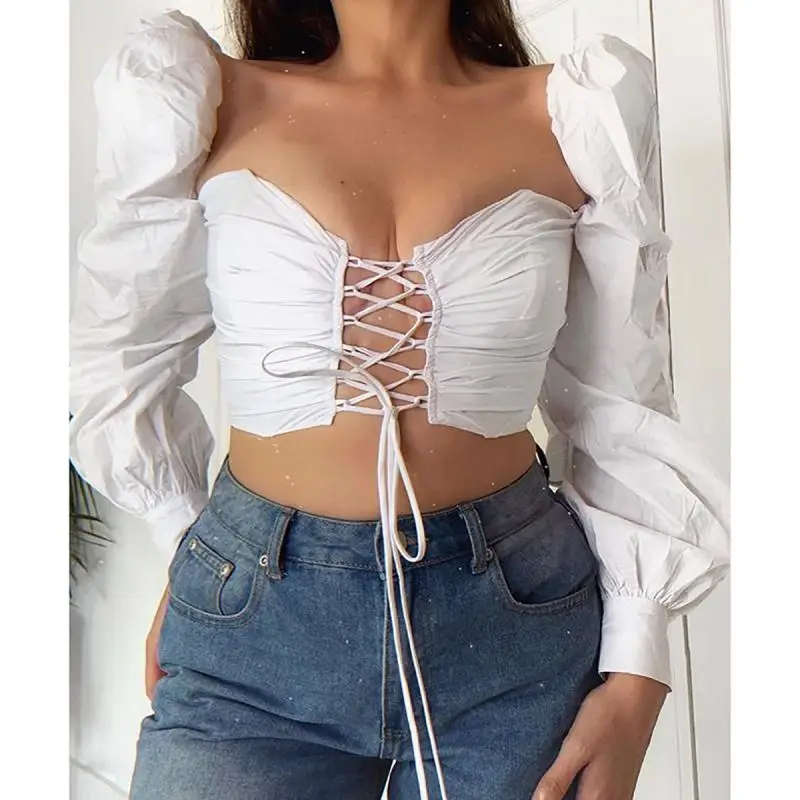 Женская Весенняя футболка с длинным рукавом квадратный воротник пышные рукава