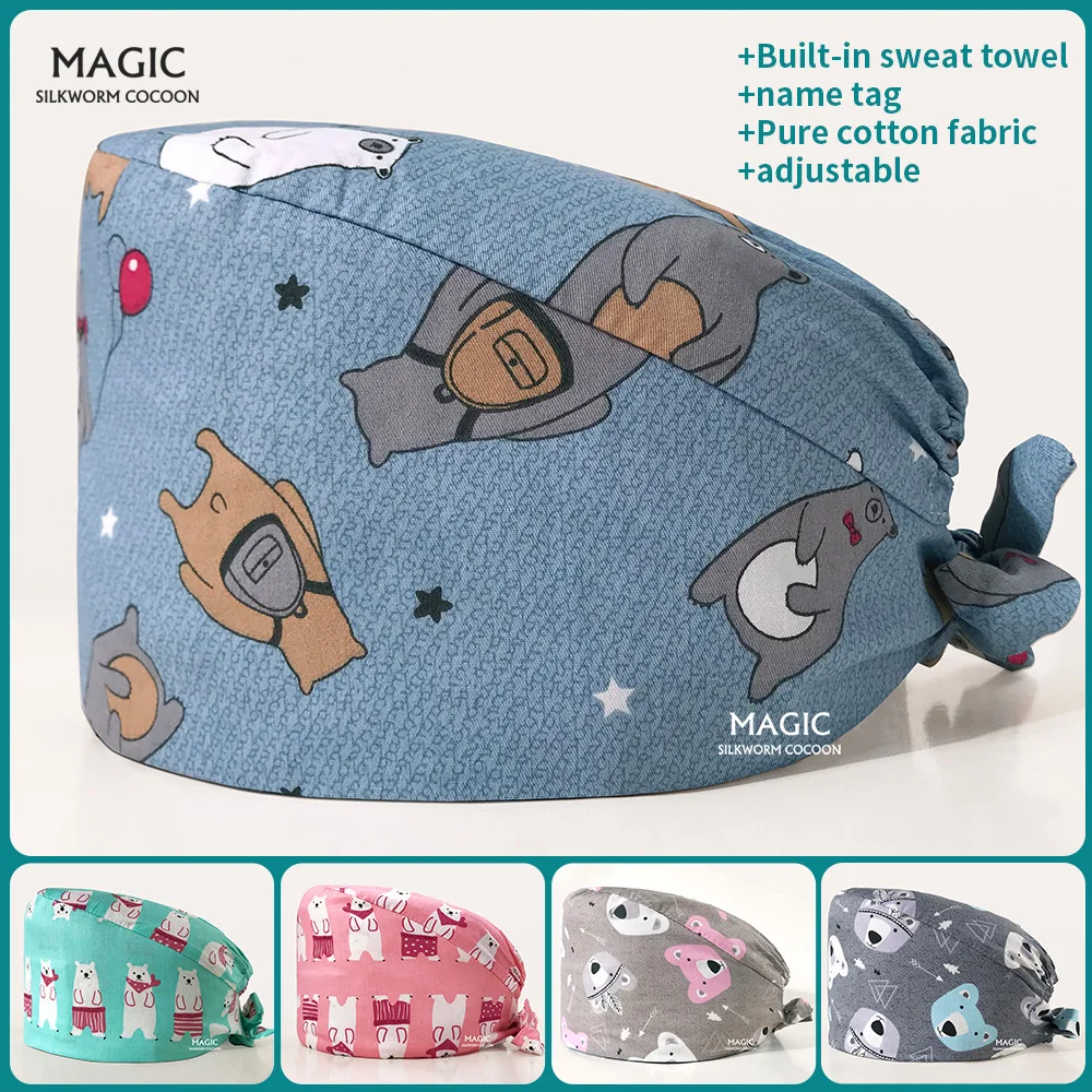 

High Quality Cartoon Printing Pet Clinic Doctor Scrubs Hats Unisex Medical Scrubs Caps Operating Room Work Hats Wholesale Prices