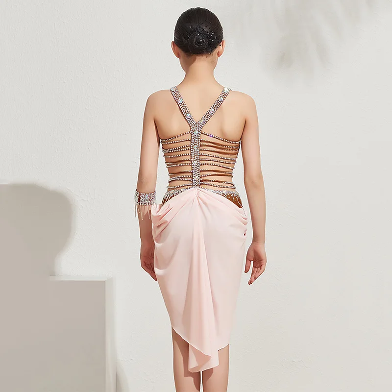 2020 Latin Dance Dress Girls Customized Competition Clothes Professional Diamond Backless Dresses Cha Cha Rumba Samba Wear