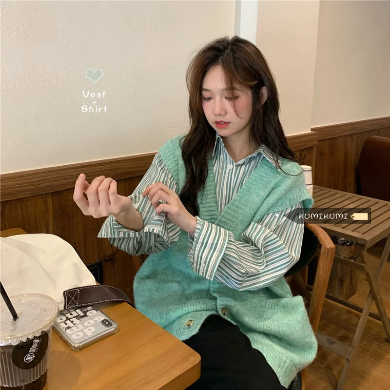 Зеленый вязаный кардиган верхнее пальто Женский Осенний складной жилет без