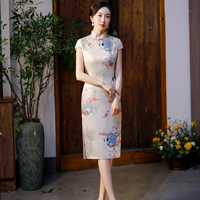 

Summer Sexy Printed Chinese Style Short Sleeve Satin Mandarin Collar Cheongsam Oriental Women Rayon Qipao Dress