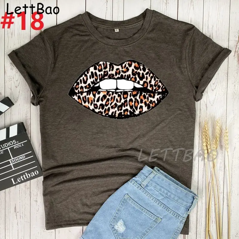 

Lips Leopard T Shirt Women Summer Short Sleeve Round Neck Sister Vintage Friend Gift Top White Tee Shirt Femme Ropa De Mujer