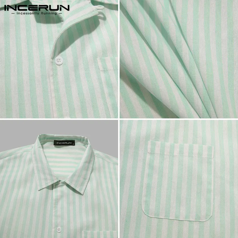 

INCERUN Casual Button Breathable Blouse Masculina Leisure Striped Short Sleeve Shirts 2021 Summer Turn Down Collar Camisa 5XL 7