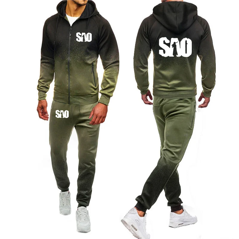 SAO Sword Art Online Gradient Hoodies Men Harajuku Hip Hop Sportswear Fleece Zipper jacket Male Sweatshirt Sweatpants Suit 2Pcs | Мужская