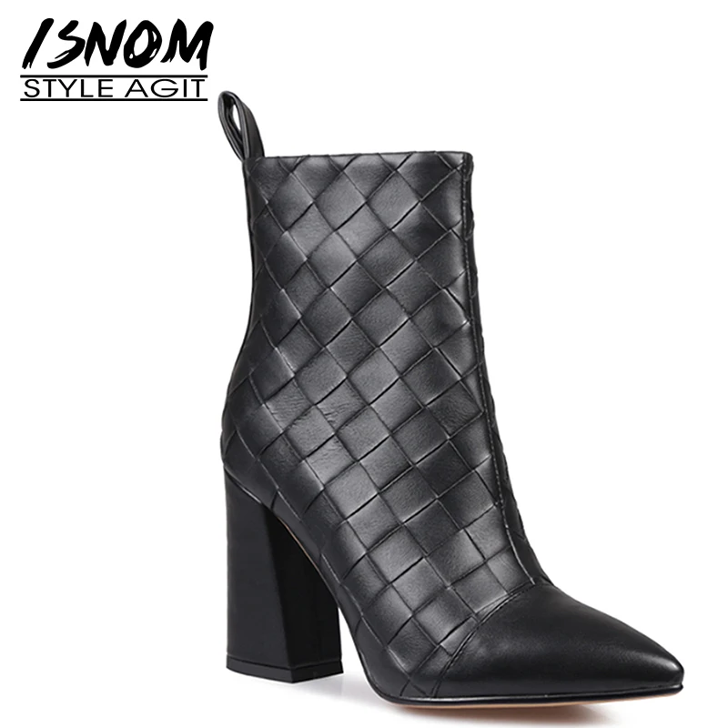 

ISNOM/тканые ботильоны; Женские ботинки на высоком каблуке-копытце; Зимняя модная обувь с острым носком; Женские короткие ботинки на толстом к...