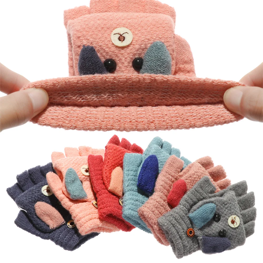 

1 pair of new hot-selling cute cartoon rabbit children's knitted gloves winter thick warmth half-finger flip gloves baby gloves