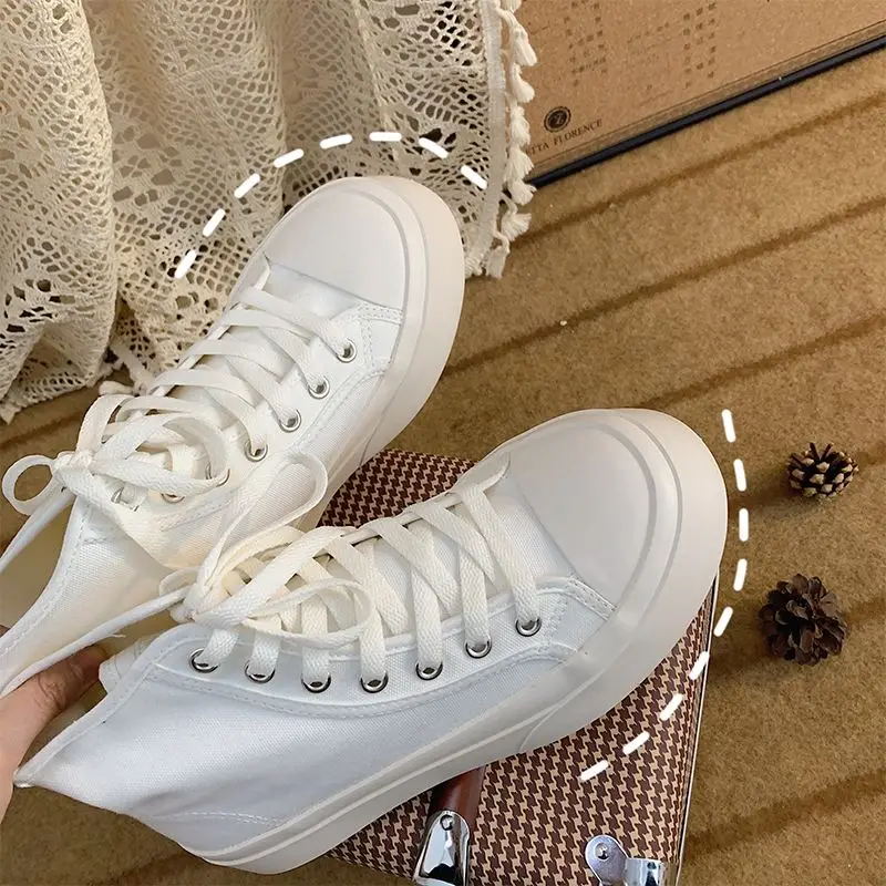 

Women's White High Sneakers Canvas Shoes Sports Flat Platform Running Rubber Sole Casual Anime Korean Vulcanize Spring