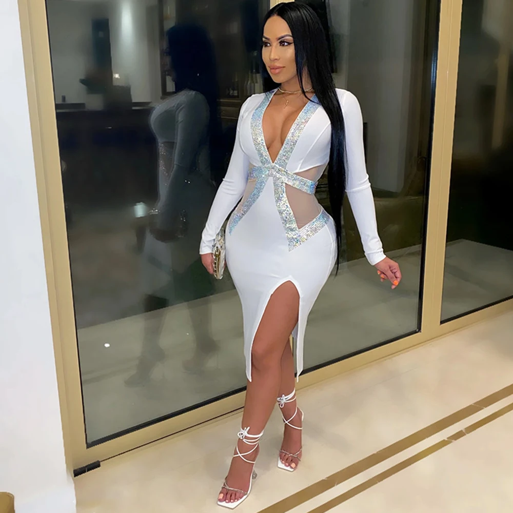 

Женское вечернее платье средней длины Dioflyusa, пикантное коктейльное платье с V-образным вырезом, длинным рукавом и блестками, облегающее Проз...