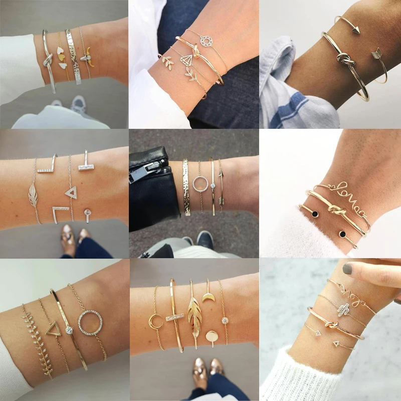 Tocona Elegance Bangle Bracelet for Women Jewelry Gold Silver Color Geometric Leaf Shiny Crystal Stone Animal Open Boho | Украшения и