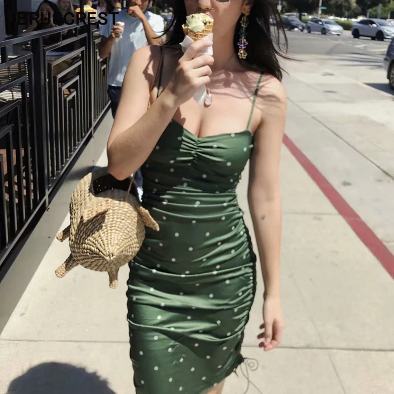 Женское зеленое мини платье без рукавов элегантное корейское летнее в горошек с